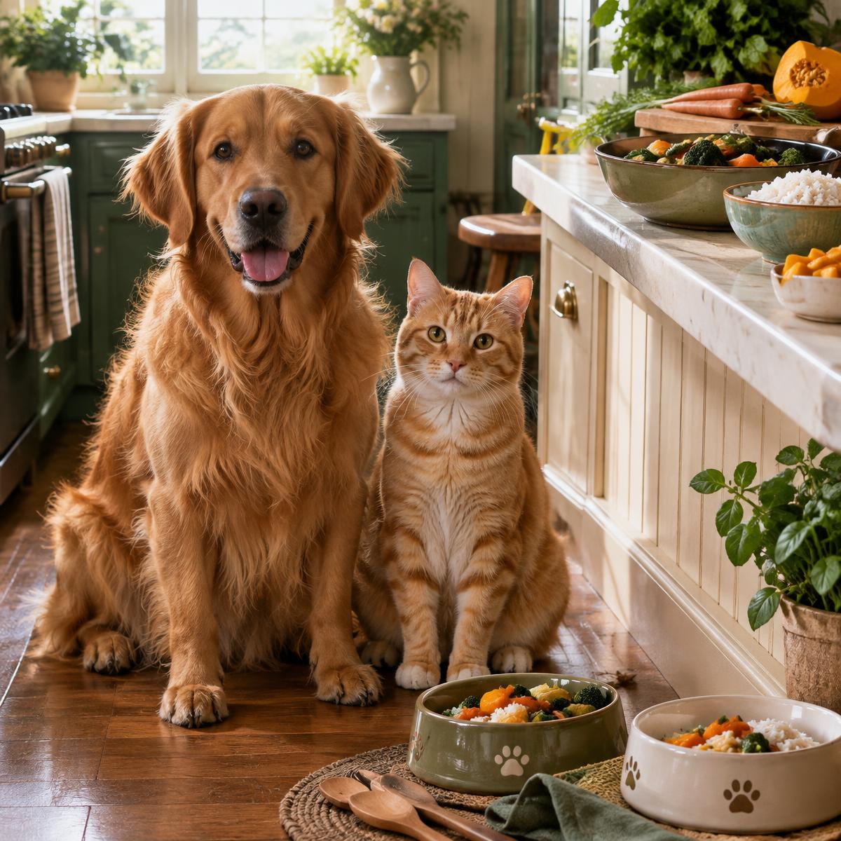 Cachorro golden retriever e gato laranja sentados juntos em uma cozinha ao lado de tigelas com legumes